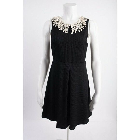 Free People Womens A-Line Dress S Black Waffle Knit White Fringe Sleeveless NWT - Picture 1 of 6